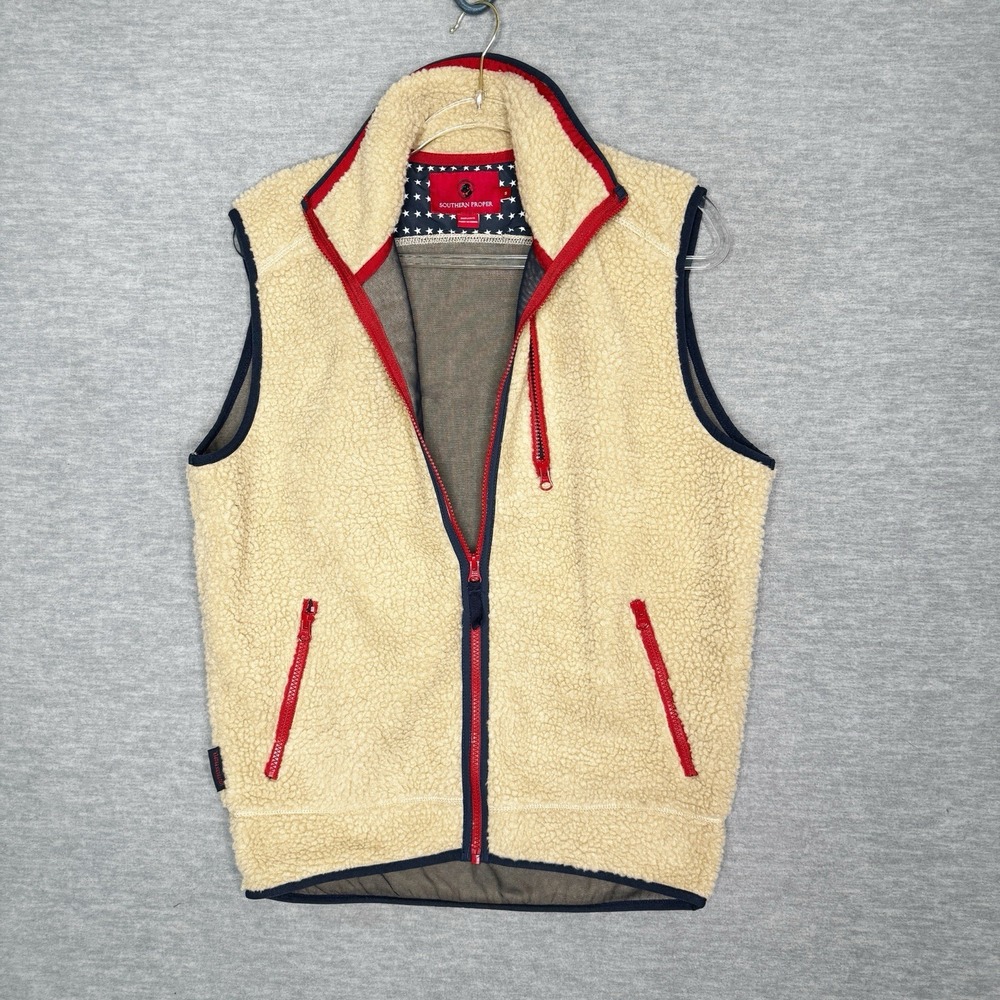 Southern Proper Men's Fleece Sherpa Vest Old Glory Size Small Zip Tan Beige